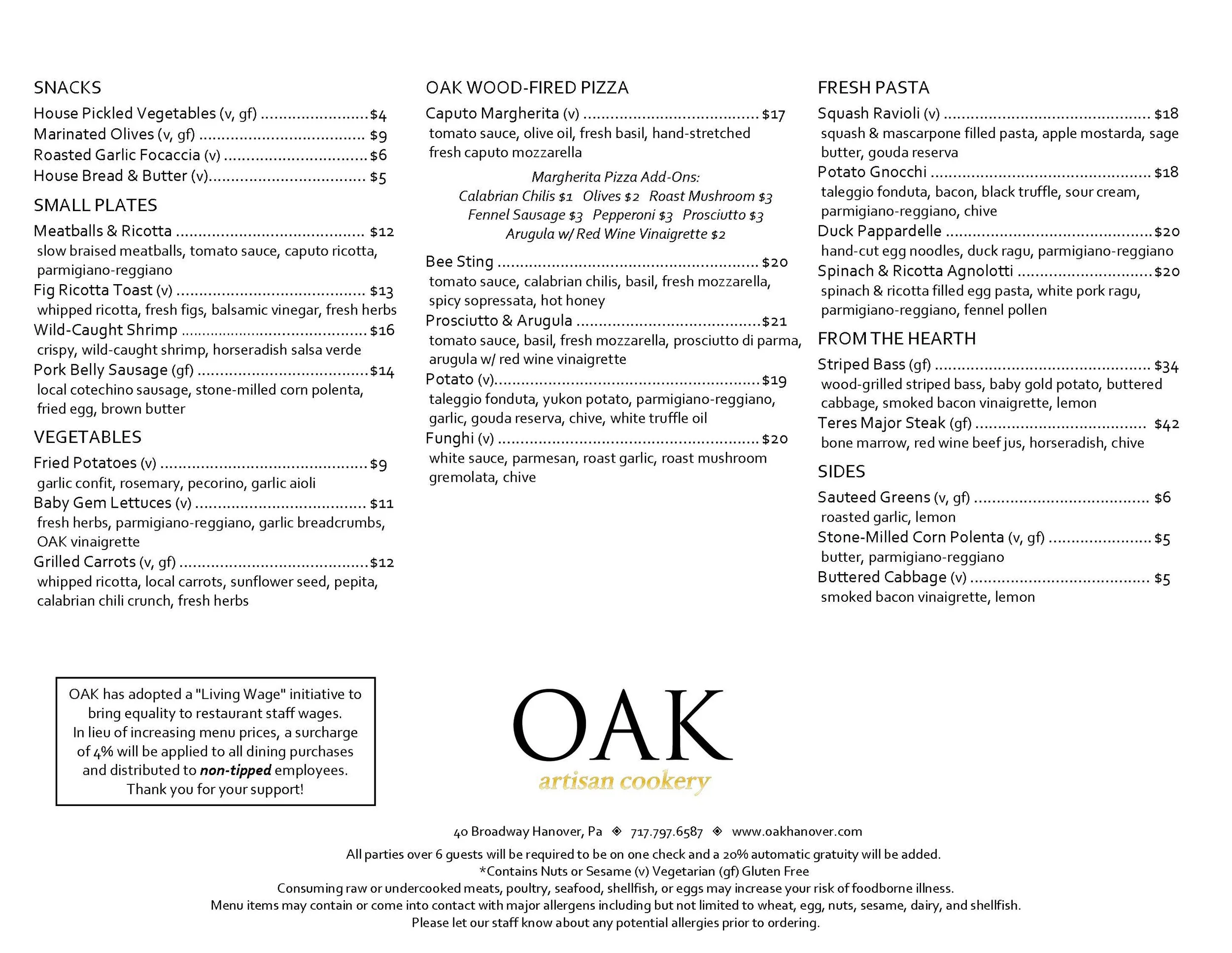 Menu — Oak Artisan Cookery